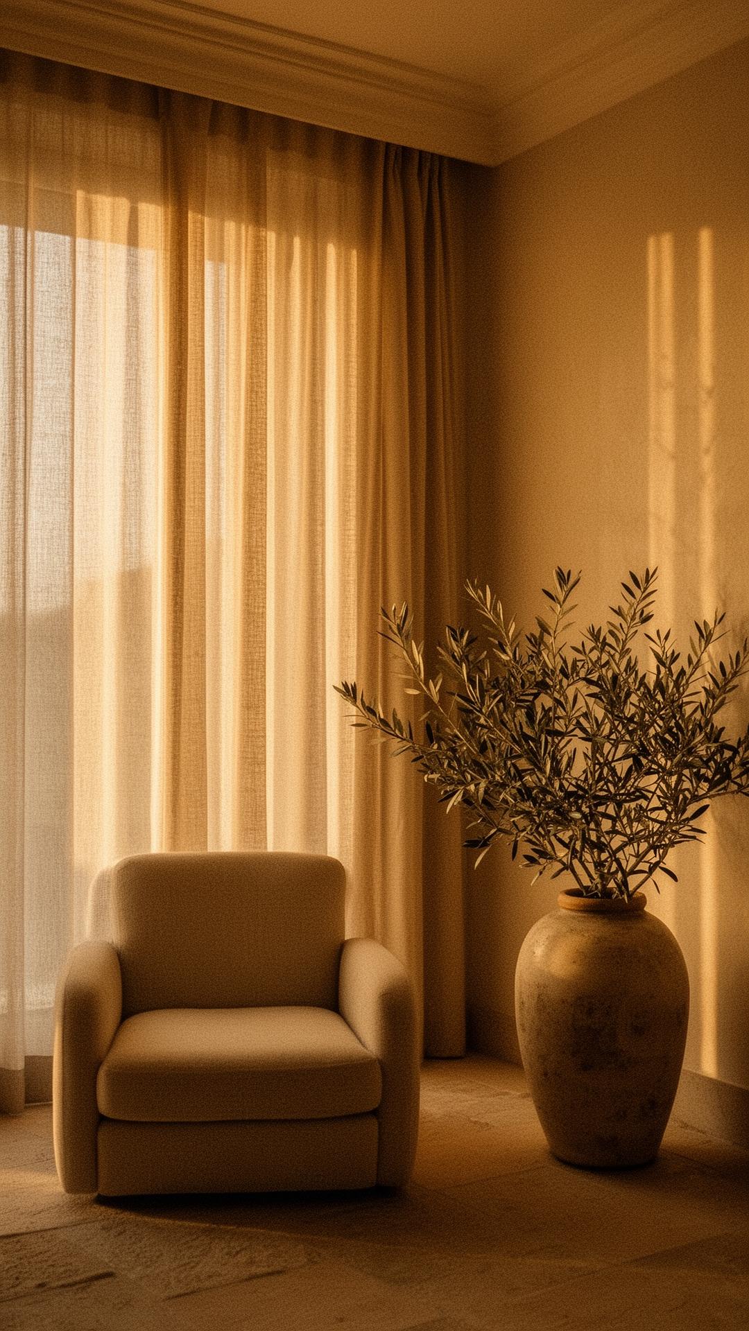 Innenraum eines Boutique-Hotels mit Olivenzweigen, durchflutet von goldenem Licht